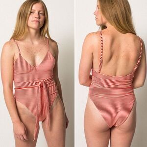 NWT NEW MARA HOFFMAN Gamela Striped One Piece High Leg Swimsuit White/Red Size S